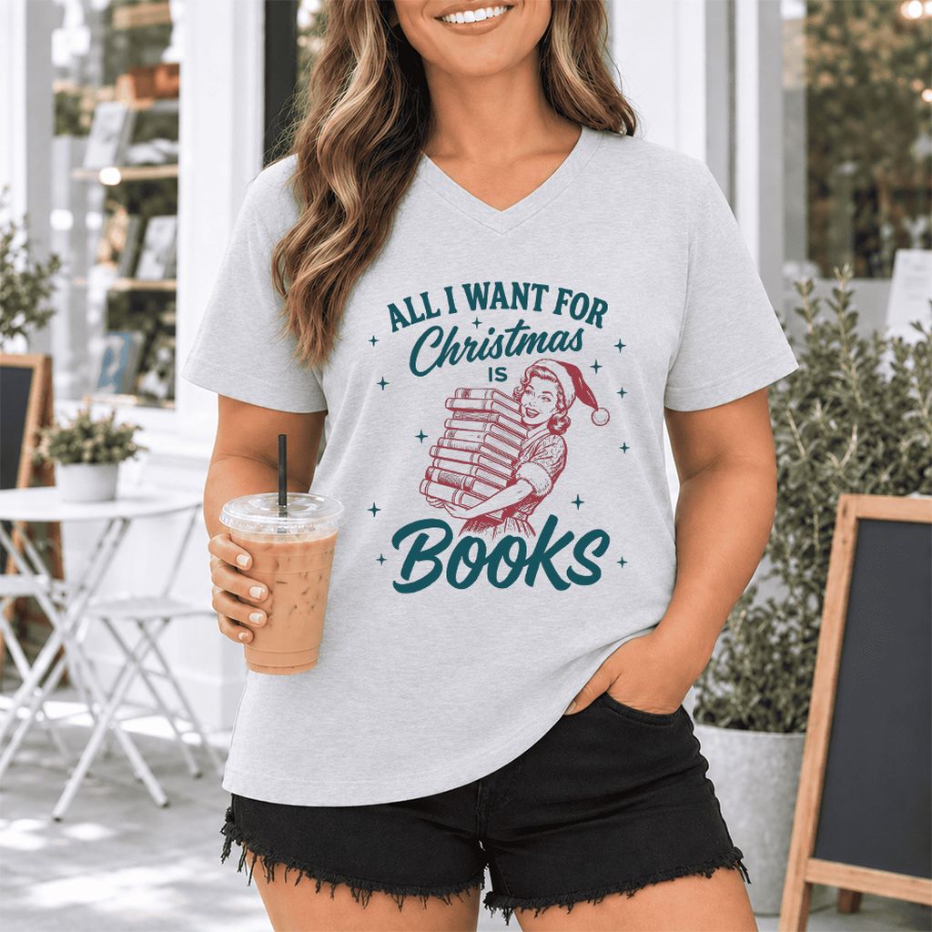 All I Want For Christmas Is Books Ultra-Soft V-Neck | Christmas Reader Gift Ash