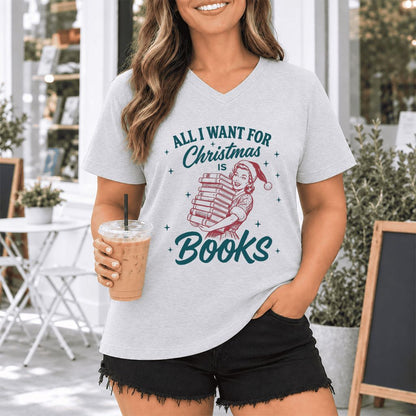 All I Want For Christmas Is Books Ultra-Soft V-Neck | Christmas Reader Gift Ash