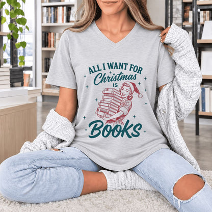 All I Want For Christmas Is Books Ultra-Soft V-Neck | Christmas Reader Gift Ash