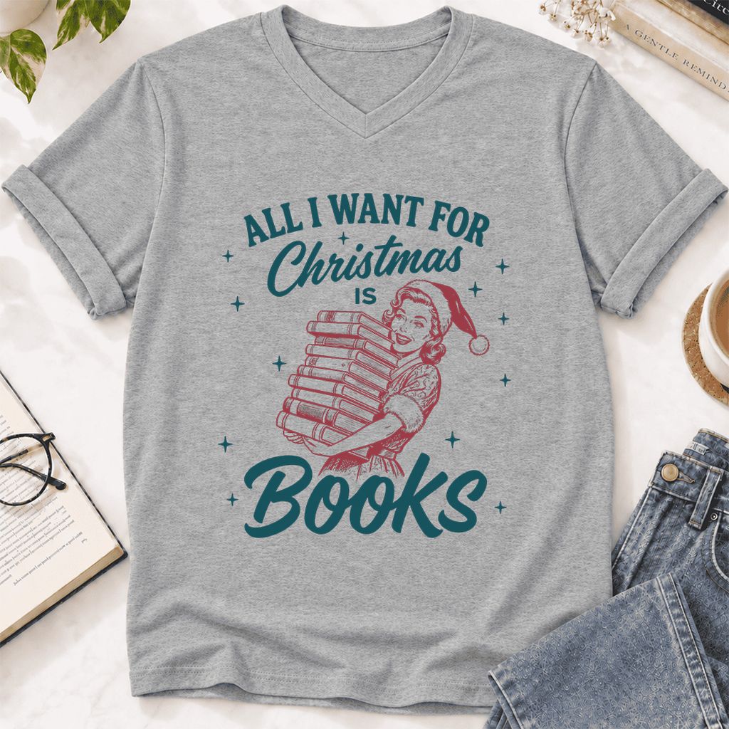 All I Want For Christmas Is Books Ultra-Soft V-Neck | Christmas Reader Gift Athletic Heather