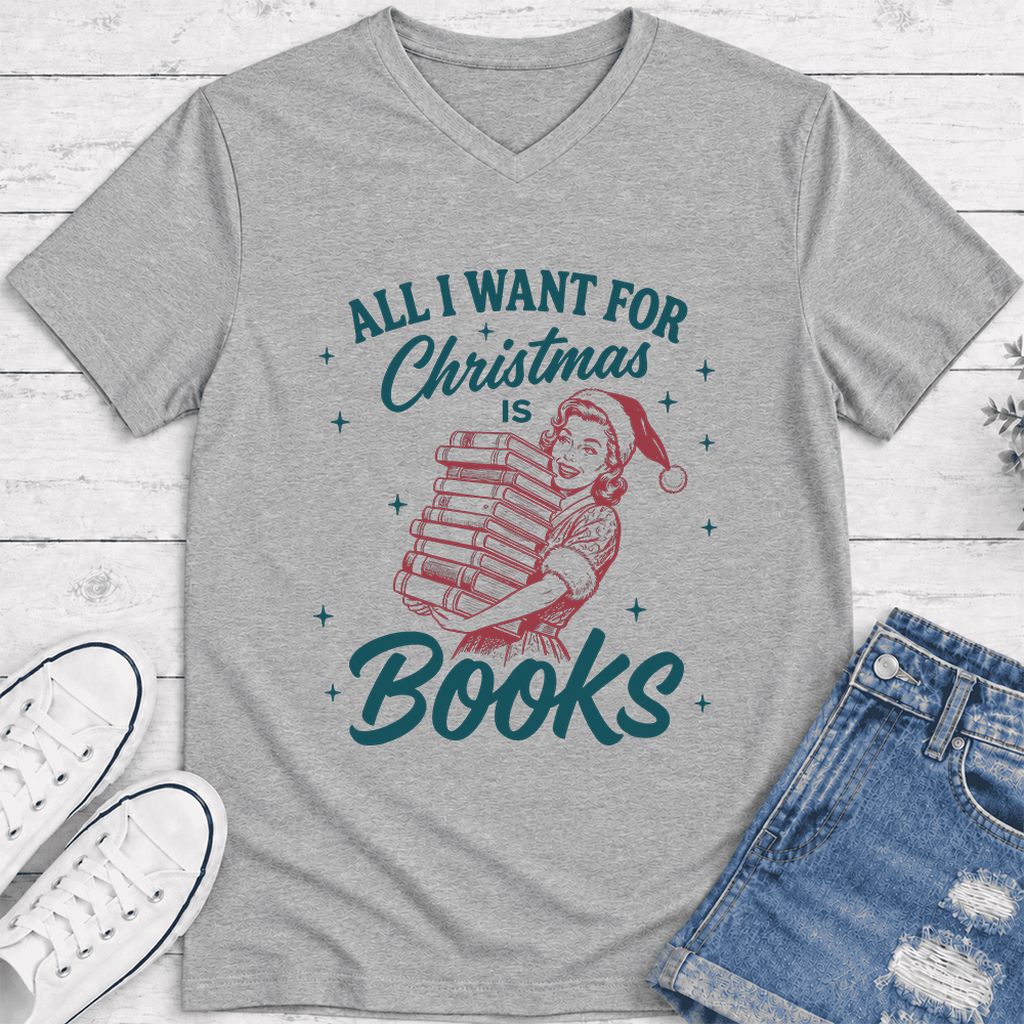 All I Want For Christmas Is Books Ultra-Soft V-Neck | Christmas Reader Gift Athletic Heather