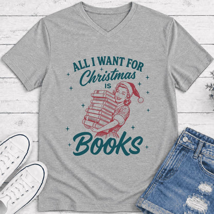 All I Want For Christmas Is Books Ultra-Soft V-Neck | Christmas Reader Gift Athletic Heather