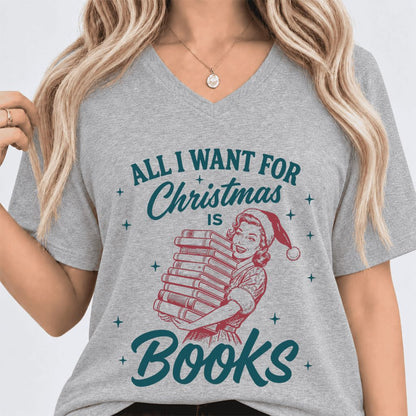 All I Want For Christmas Is Books Ultra-Soft V-Neck | Christmas Reader Gift Athletic Heather