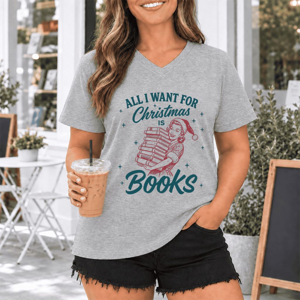All I Want For Christmas Is Books Ultra-Soft V-Neck | Christmas Reader Gift Athletic Heather