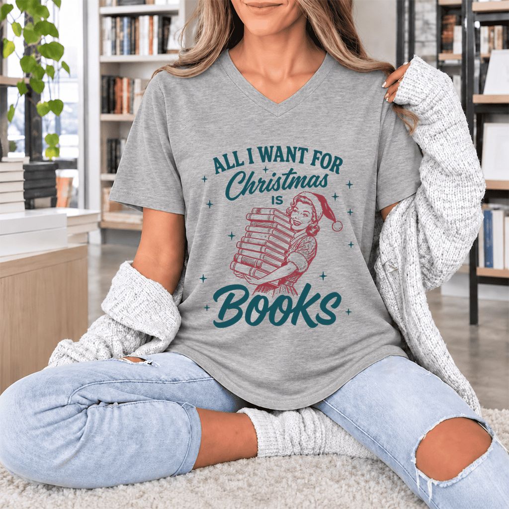 All I Want For Christmas Is Books Ultra-Soft V-Neck | Christmas Reader Gift Athletic Heather