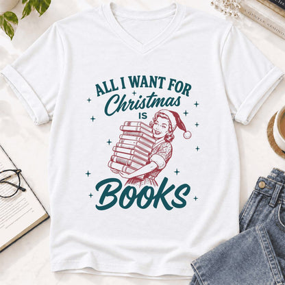All I Want For Christmas Is Books Ultra-Soft V-Neck | Christmas Reader Gift White