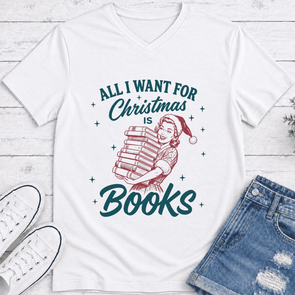 All I Want For Christmas Is Books Ultra-Soft V-Neck | Christmas Reader Gift White