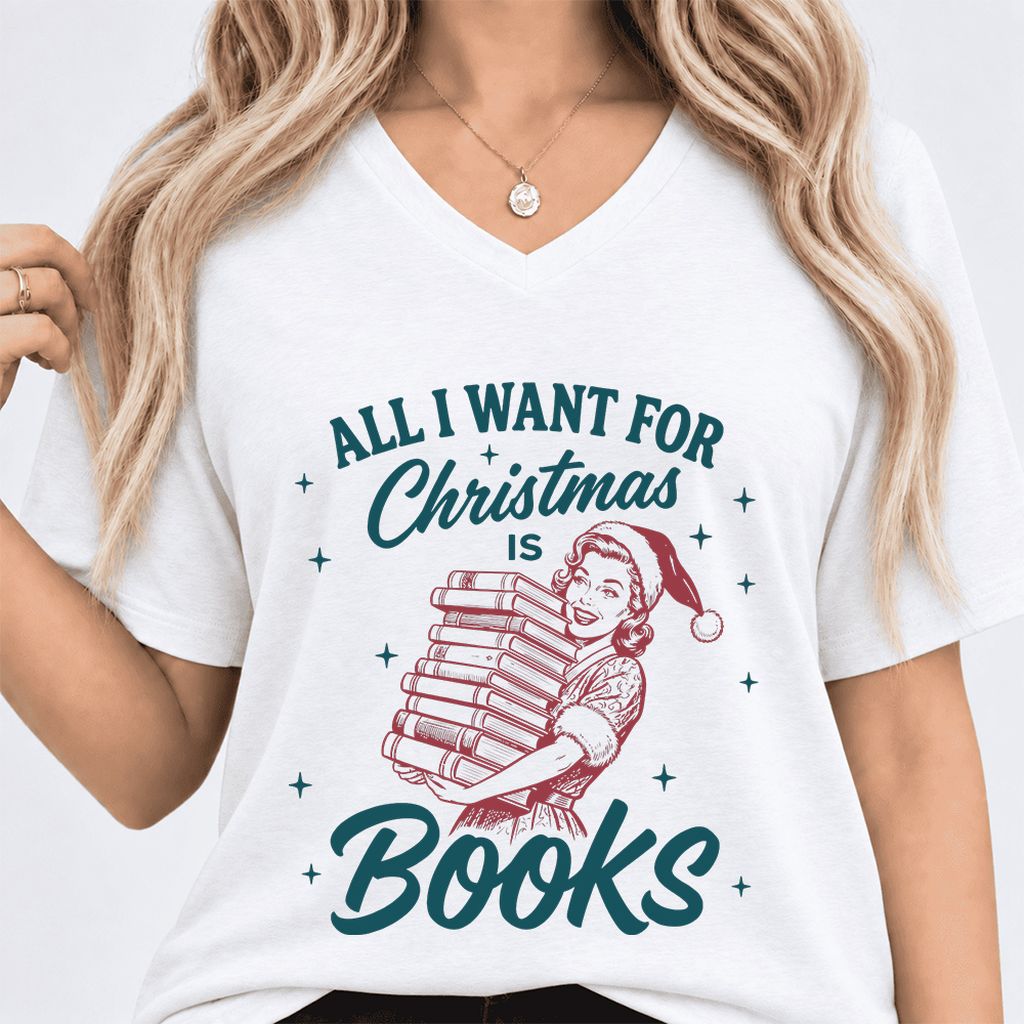 All I Want For Christmas Is Books Ultra-Soft V-Neck | Christmas Reader Gift White