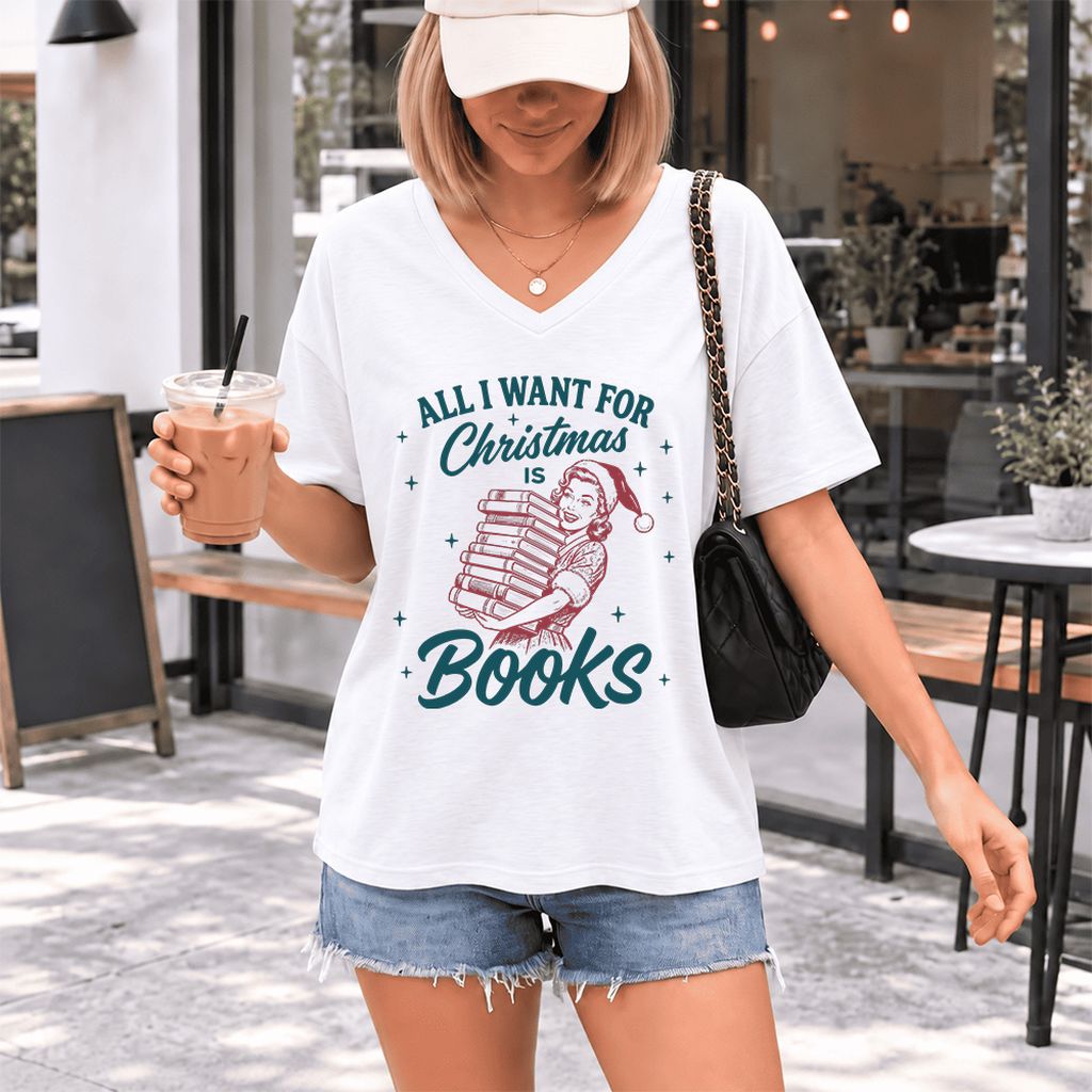 All I Want For Christmas Is Books Ultra-Soft V-Neck | Christmas Reader Gift White