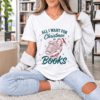 All I Want For Christmas Is Books Ultra-Soft V-Neck | Christmas Reader Gift White