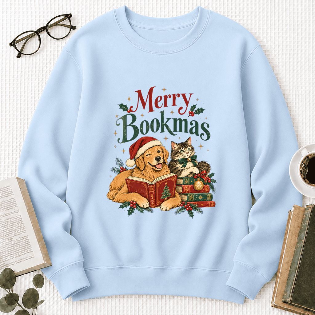 Merry Bookmas Printed Sweatshirt | Christmas Reader Gift Light Blue