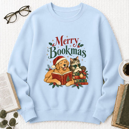 Merry Bookmas Printed Sweatshirt | Christmas Reader Gift Light Blue