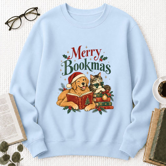 Merry Bookmas Crewneck Sweatshirt | Christmas Reader Gift Light Blue