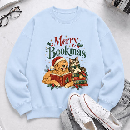 Merry Bookmas Printed Sweatshirt | Christmas Reader Gift Light Blue