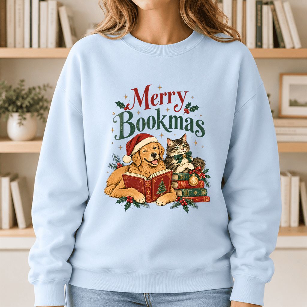 Merry Bookmas Printed Sweatshirt | Christmas Reader Gift Light Blue