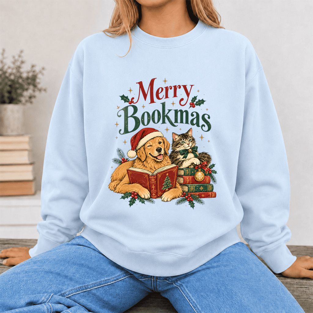 Merry Bookmas Printed Sweatshirt | Christmas Reader Gift Light Blue