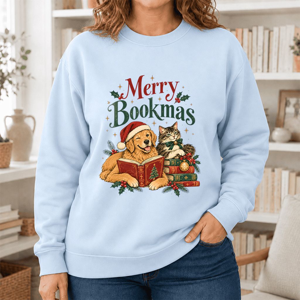 Merry Bookmas Printed Sweatshirt | Christmas Reader Gift Light Blue