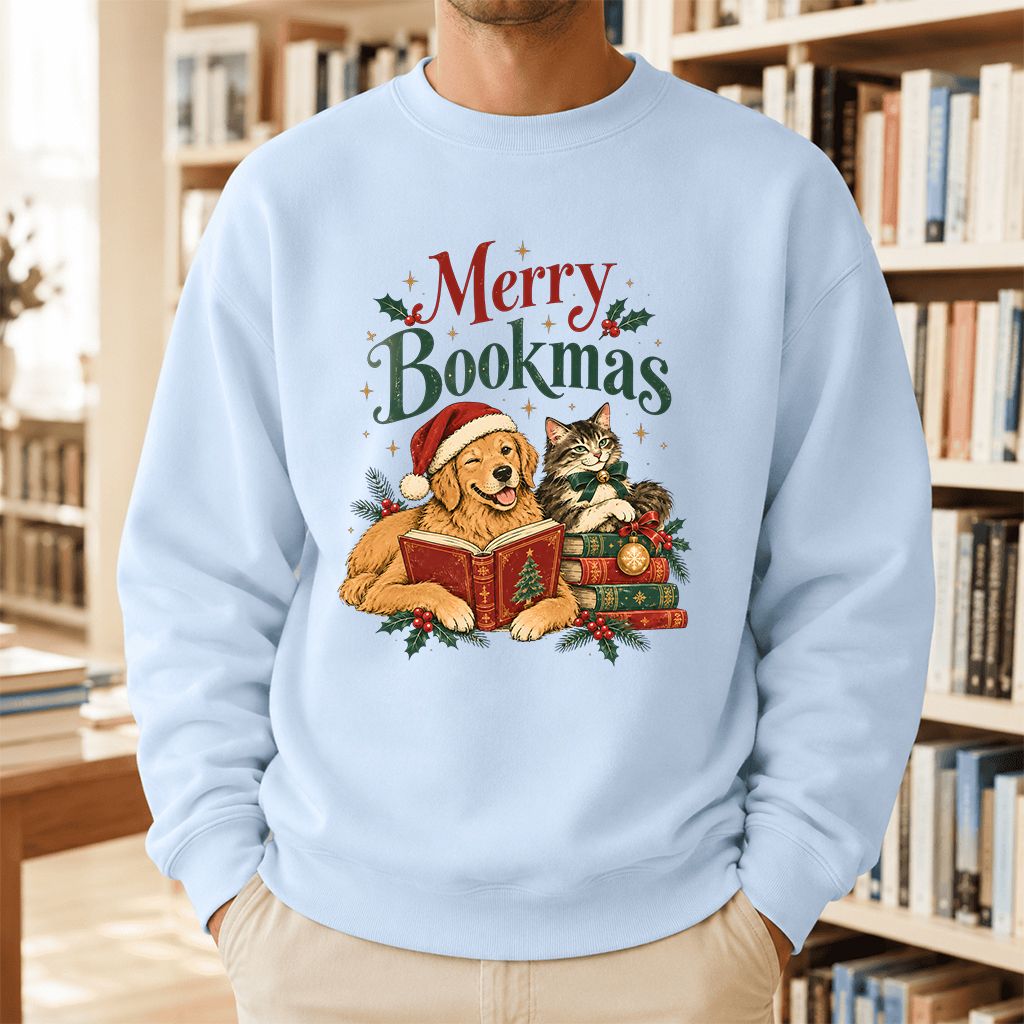 Merry Bookmas Printed Sweatshirt | Christmas Reader Gift Light Blue