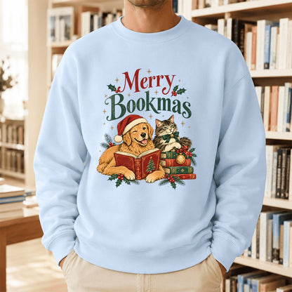 Merry Bookmas Printed Sweatshirt | Christmas Reader Gift Light Blue