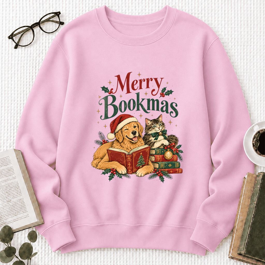 Merry Bookmas Printed Sweatshirt | Christmas Reader Gift Light Pink