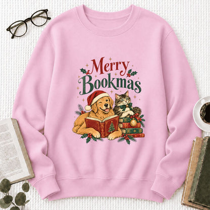 Merry Bookmas Printed Sweatshirt | Christmas Reader Gift Light Pink