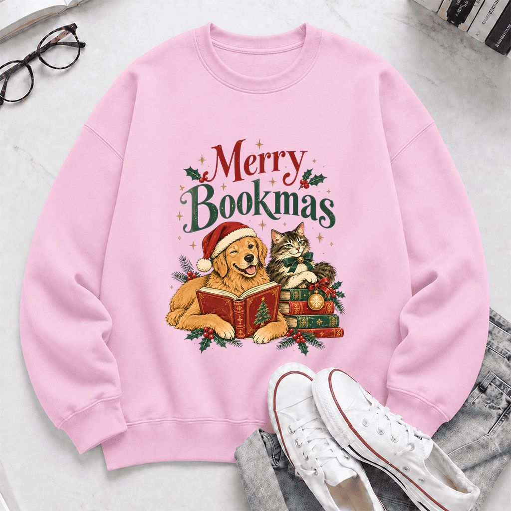 Merry Bookmas Printed Sweatshirt | Christmas Reader Gift Light Pink