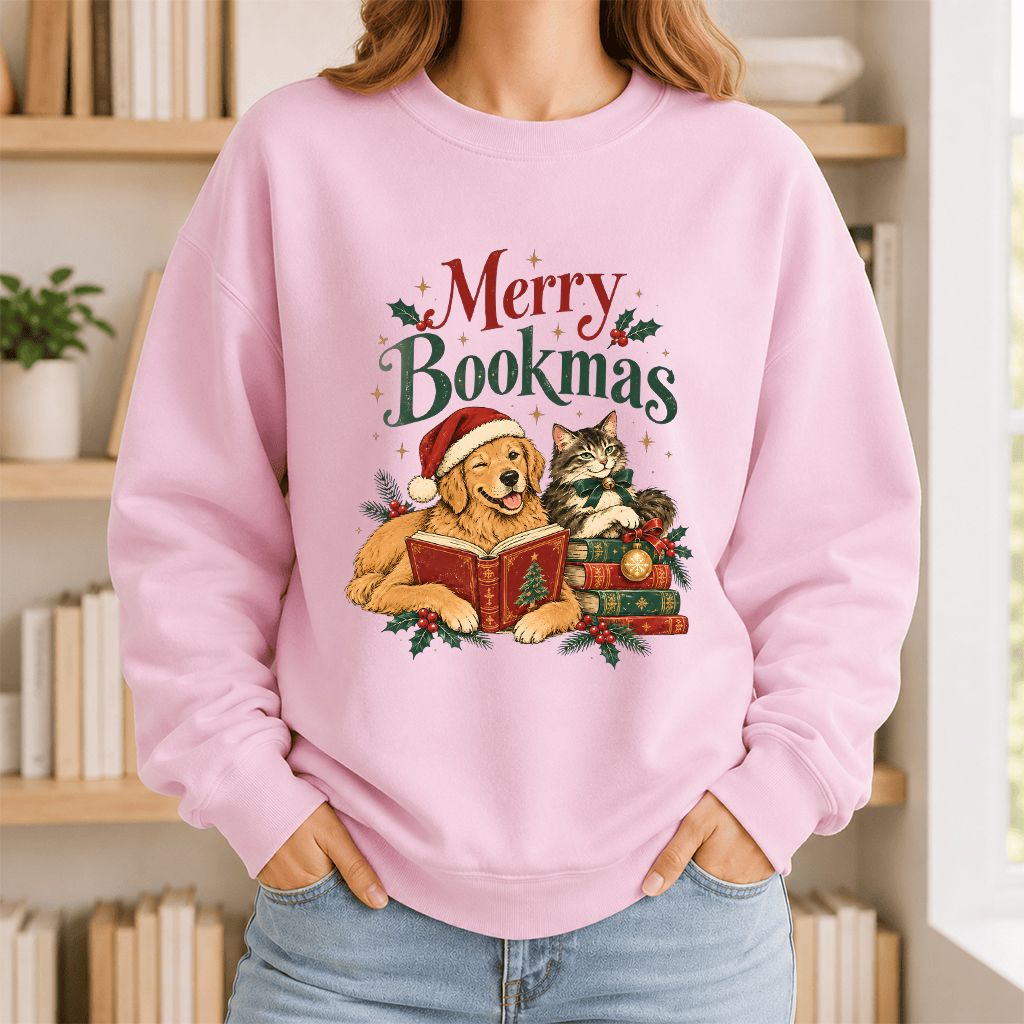 Merry Bookmas Printed Sweatshirt | Christmas Reader Gift Light Pink