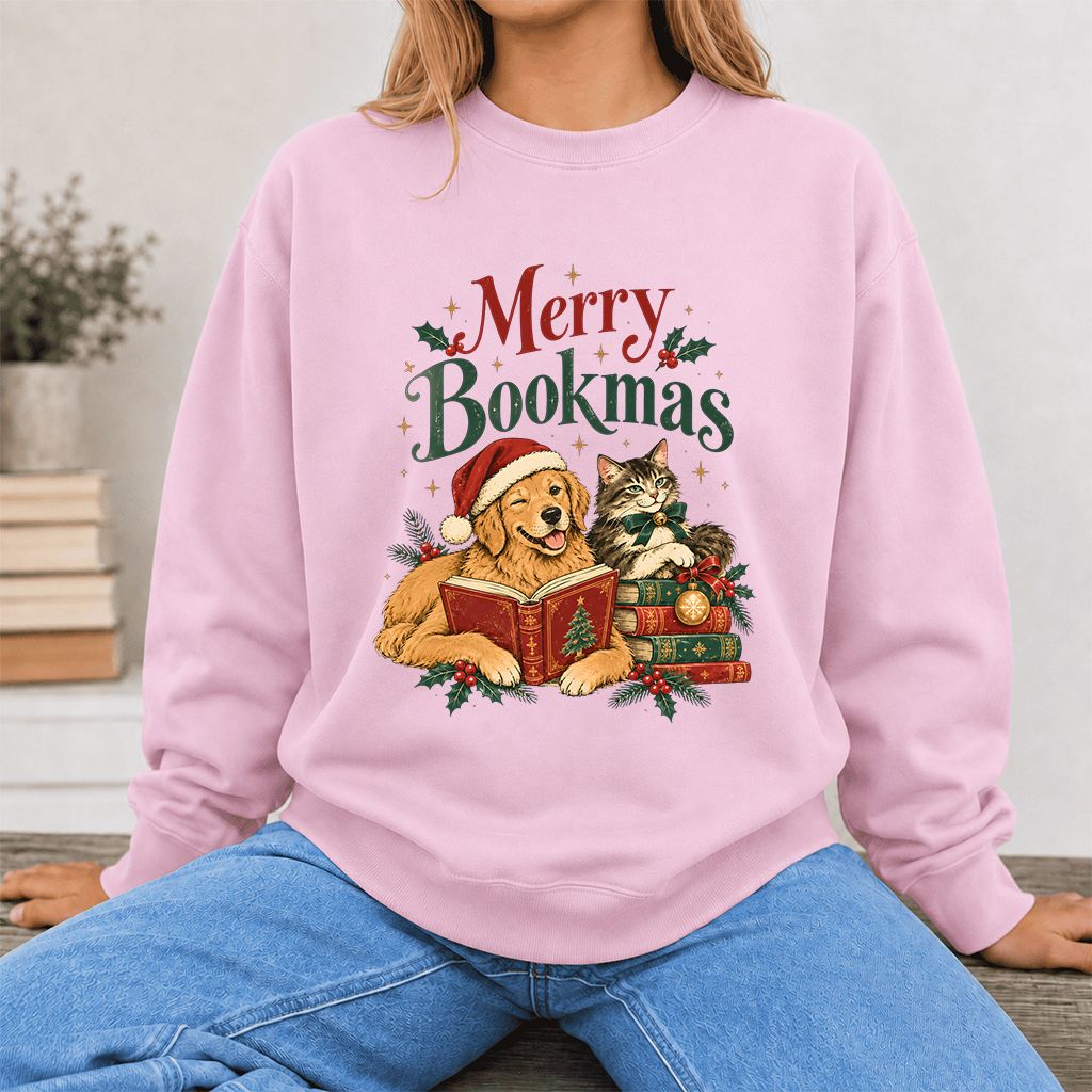 Merry Bookmas Printed Sweatshirt | Christmas Reader Gift Light Pink