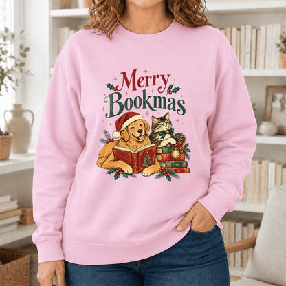 Merry Bookmas Printed Sweatshirt | Christmas Reader Gift Light Pink