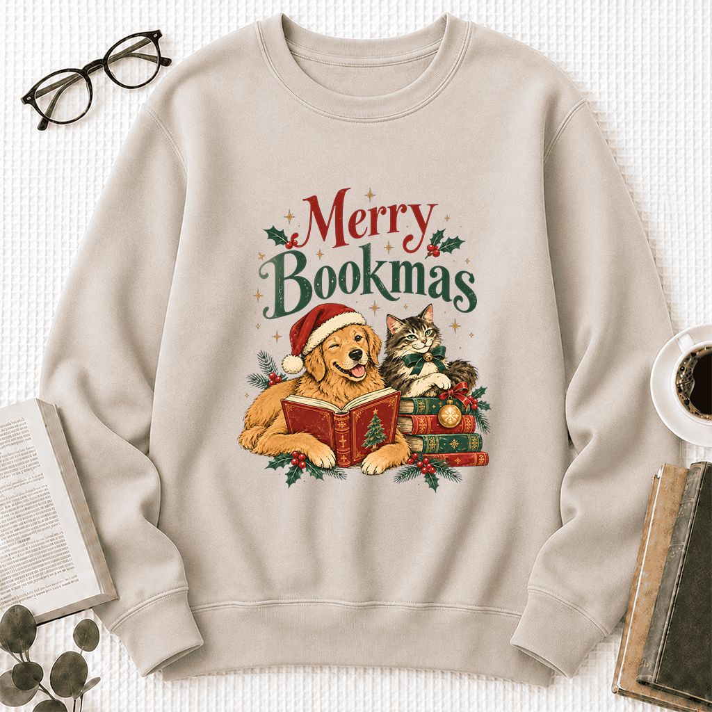 Merry Bookmas Printed Sweatshirt | Christmas Reader Gift Sand