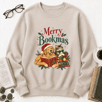 Merry Bookmas Printed Sweatshirt | Christmas Reader Gift Sand