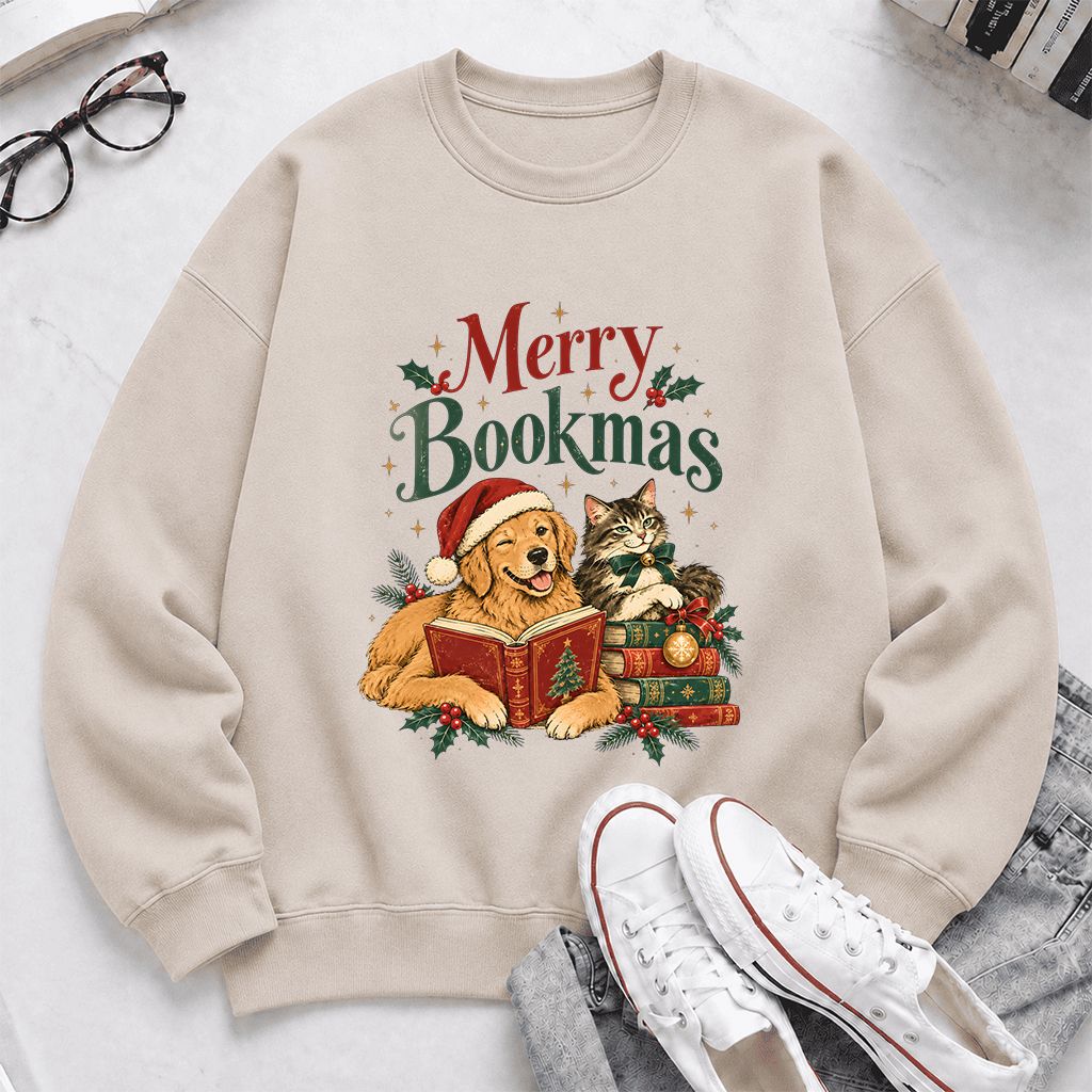 Merry Bookmas Printed Sweatshirt | Christmas Reader Gift Sand