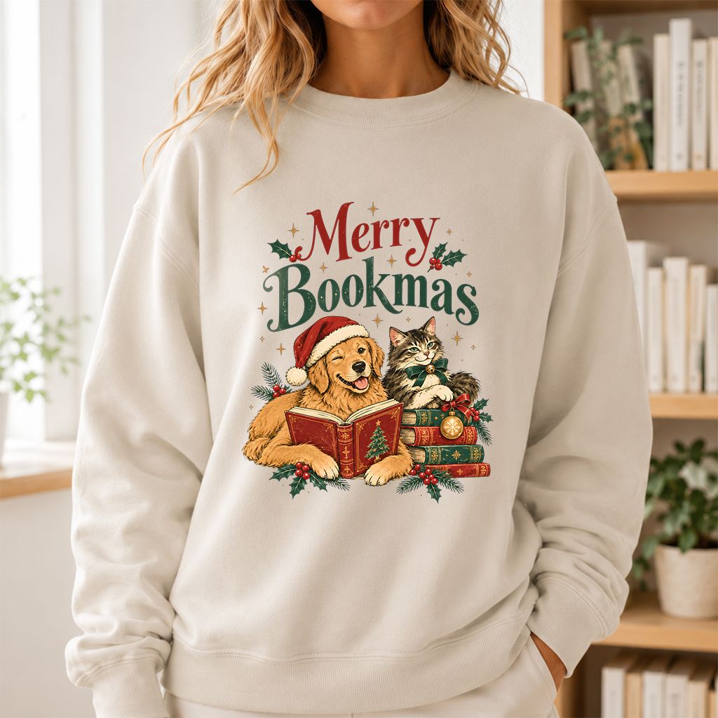 Merry Bookmas Printed Sweatshirt | Christmas Reader Gift Sand