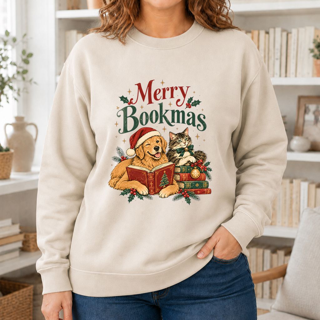 Merry Bookmas Printed Sweatshirt | Christmas Reader Gift Sand