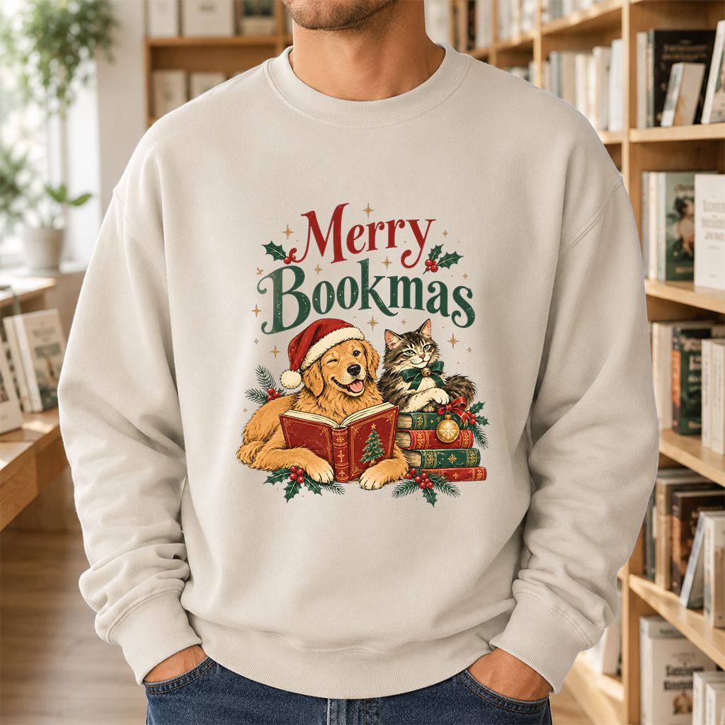 Merry Bookmas Printed Sweatshirt | Christmas Reader Gift Sand