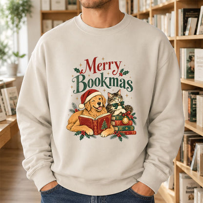 Merry Bookmas Printed Sweatshirt | Christmas Reader Gift Sand