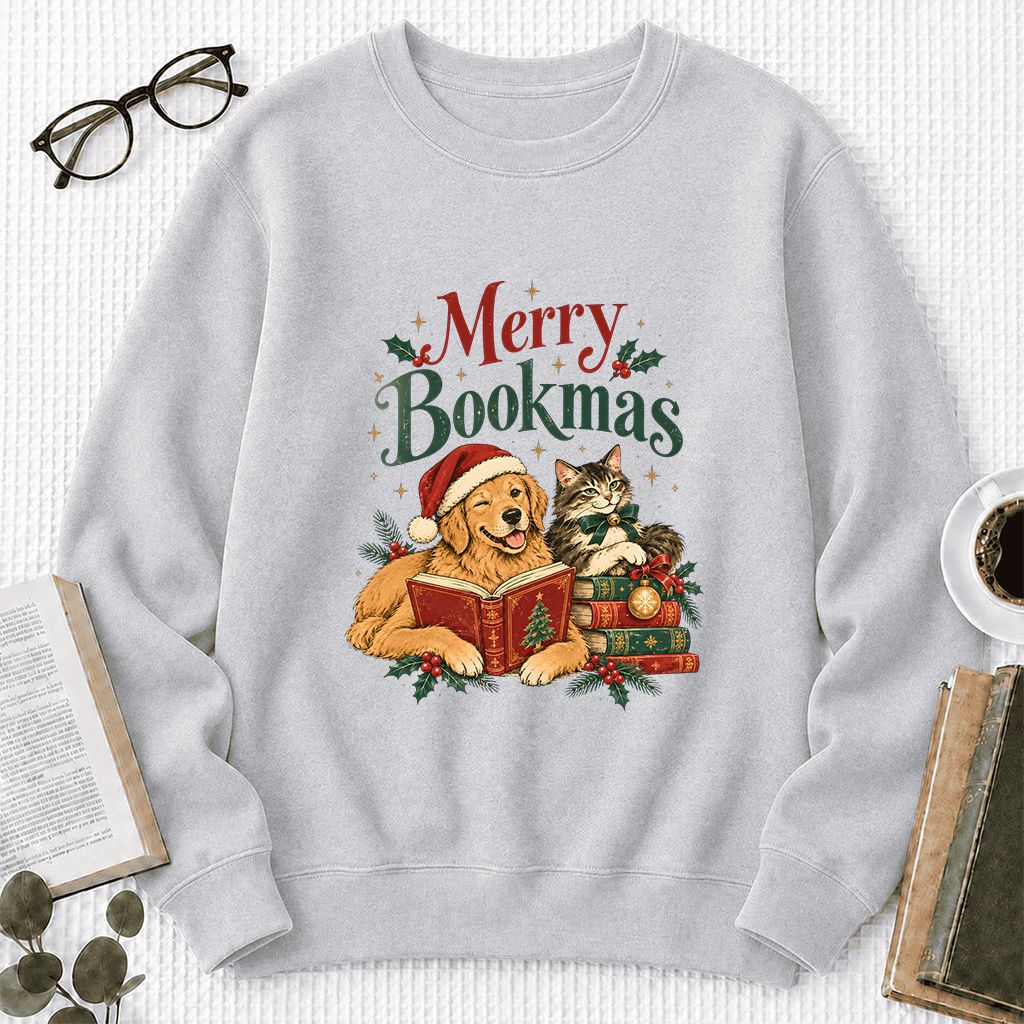 Merry Bookmas Printed Sweatshirt | Christmas Reader Gift Sport Grey