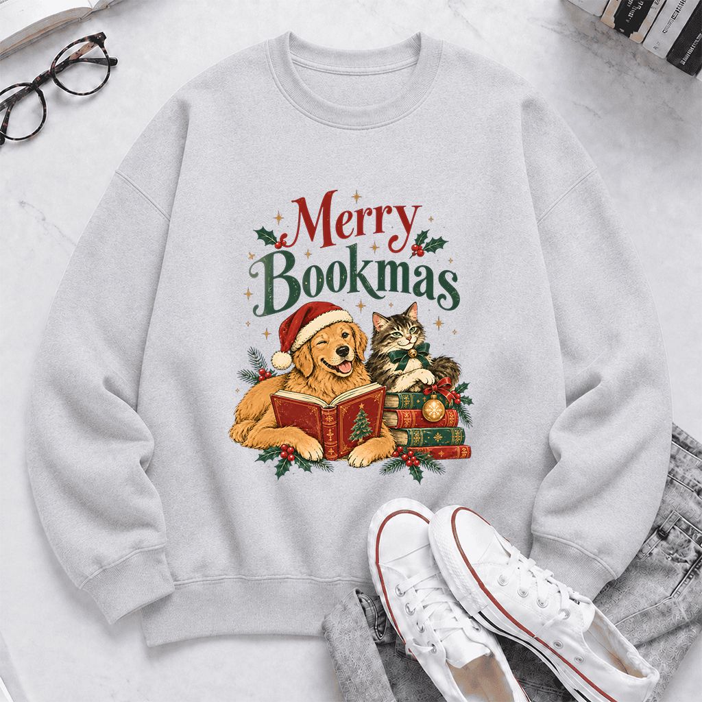 Merry Bookmas Printed Sweatshirt | Christmas Reader Gift Sport Grey
