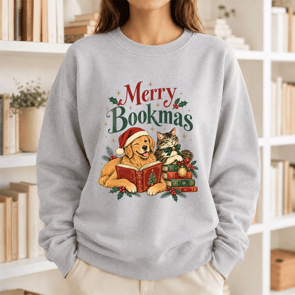 Merry Bookmas Printed Sweatshirt | Christmas Reader Gift Sport Grey
