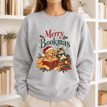 Merry Bookmas Printed Sweatshirt | Christmas Reader Gift Sport Grey