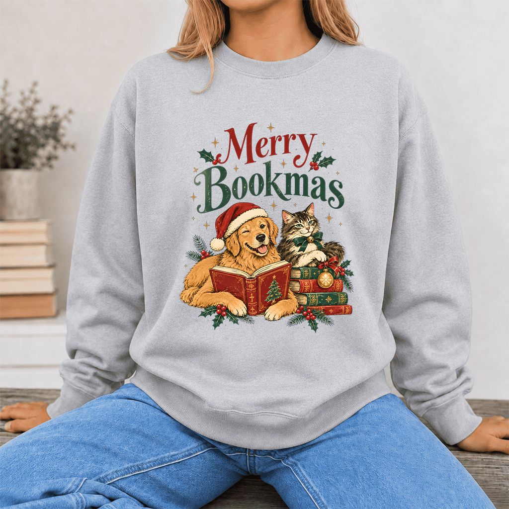 Merry Bookmas Printed Sweatshirt | Christmas Reader Gift Sport Grey