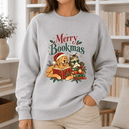 Merry Bookmas Printed Sweatshirt | Christmas Reader Gift Sport Grey