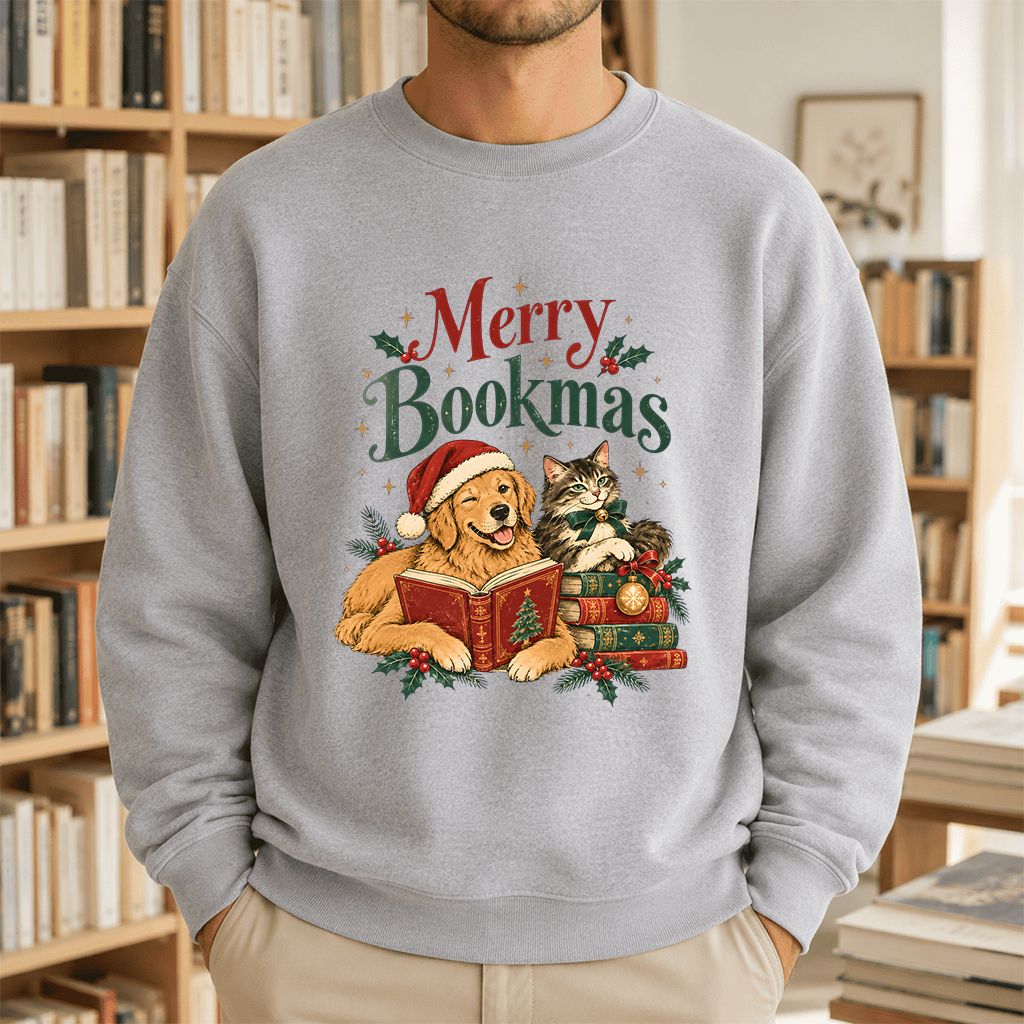 Merry Bookmas Printed Sweatshirt | Christmas Reader Gift Sport Grey
