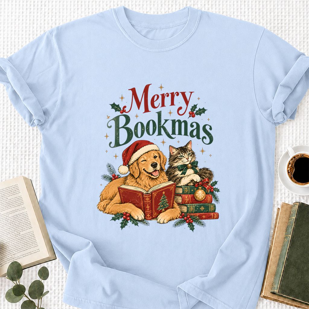Merry Bookmas Printed T-Shirt | Christmas Reader Gift Light Blue