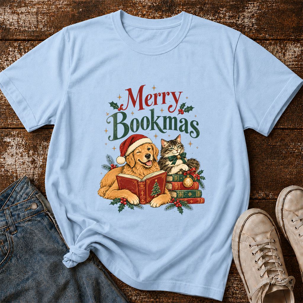 Merry Bookmas Printed T-Shirt | Christmas Reader Gift Light Blue