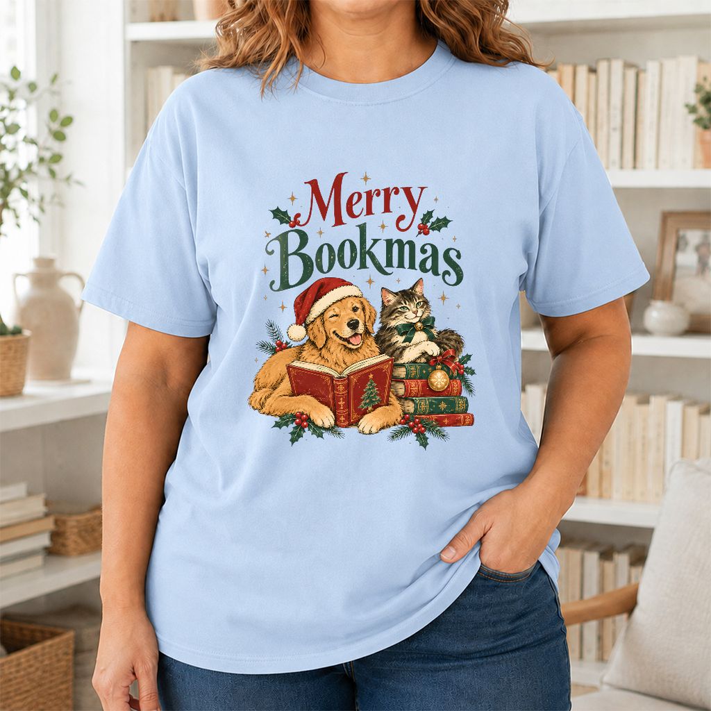 Merry Bookmas Printed T-Shirt | Christmas Reader Gift Light Blue