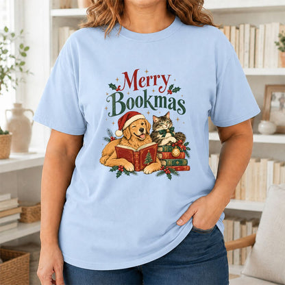 Merry Bookmas Printed T-Shirt | Christmas Reader Gift Light Blue