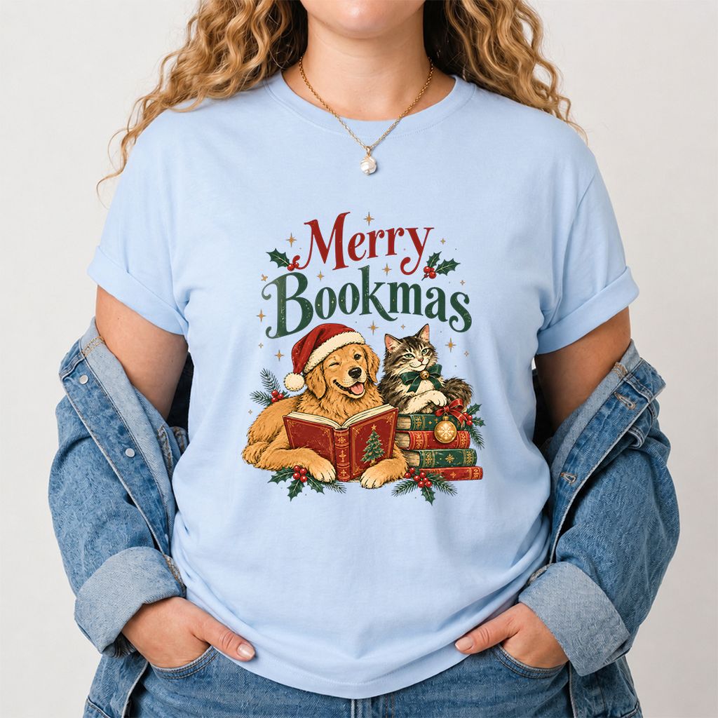 Merry Bookmas Printed T-Shirt | Christmas Reader Gift Light Blue
