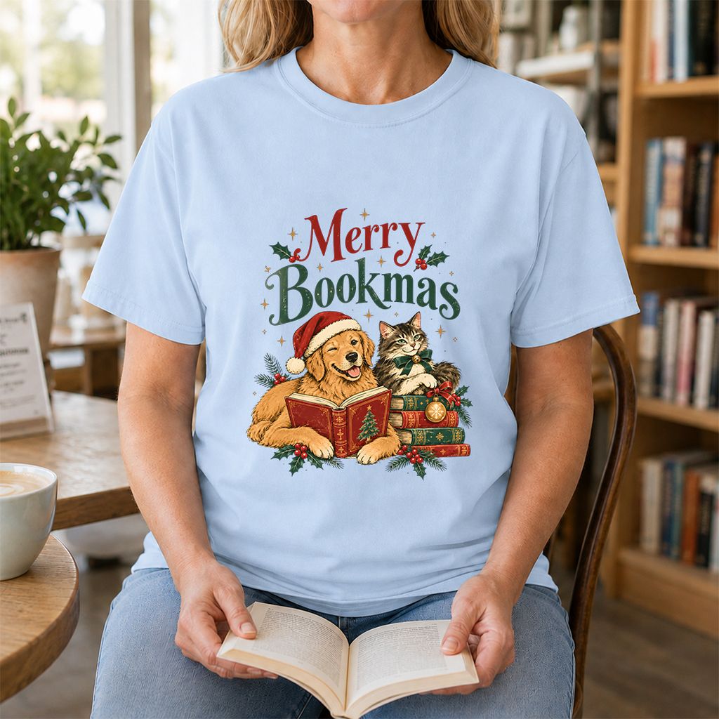 Merry Bookmas Printed T-Shirt | Christmas Reader Gift Light Blue