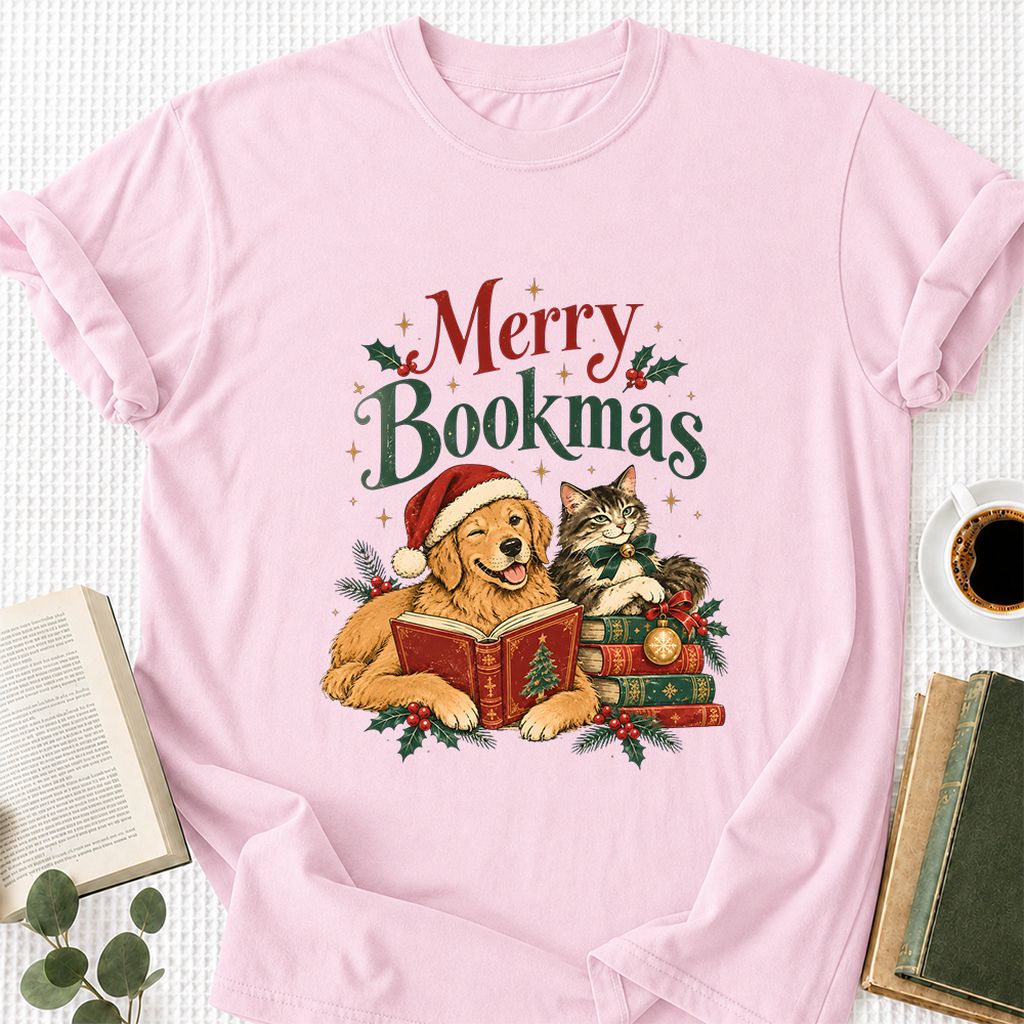 Merry Bookmas Printed T-Shirt | Christmas Reader Gift Light Pink